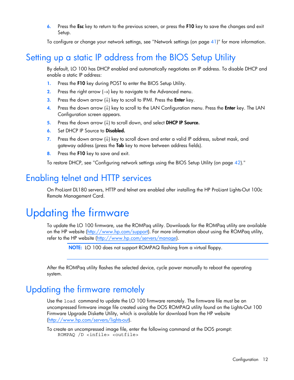 Enabling telnet and http services, Updating the firmware, Updating the firmware remotely | HP Lights-Out 100 Remote Management User Manual | Page 12 / 52