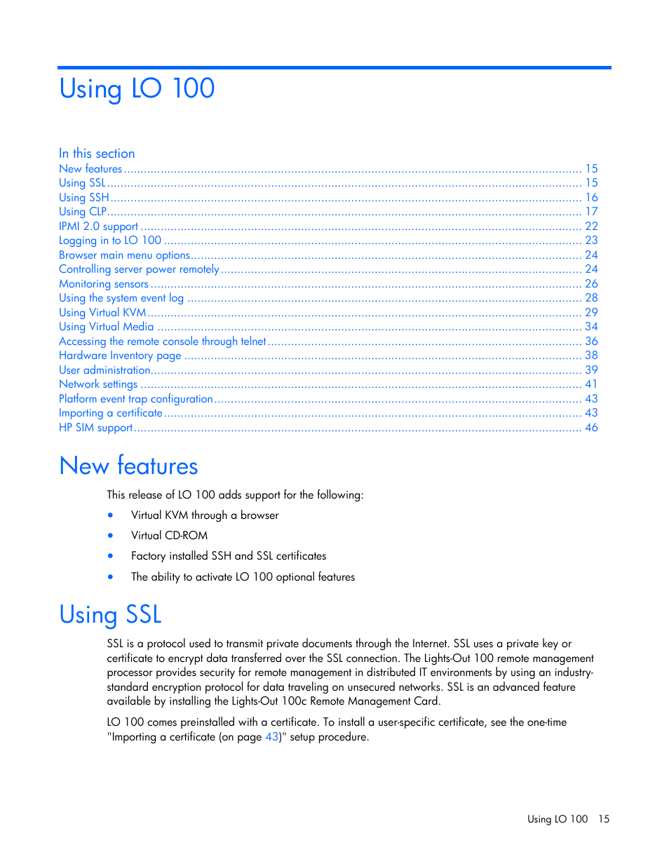 Using lo 100, New features, Using ssl | HP Lights-Out 100 Remote Management User Manual | Page 15 / 52