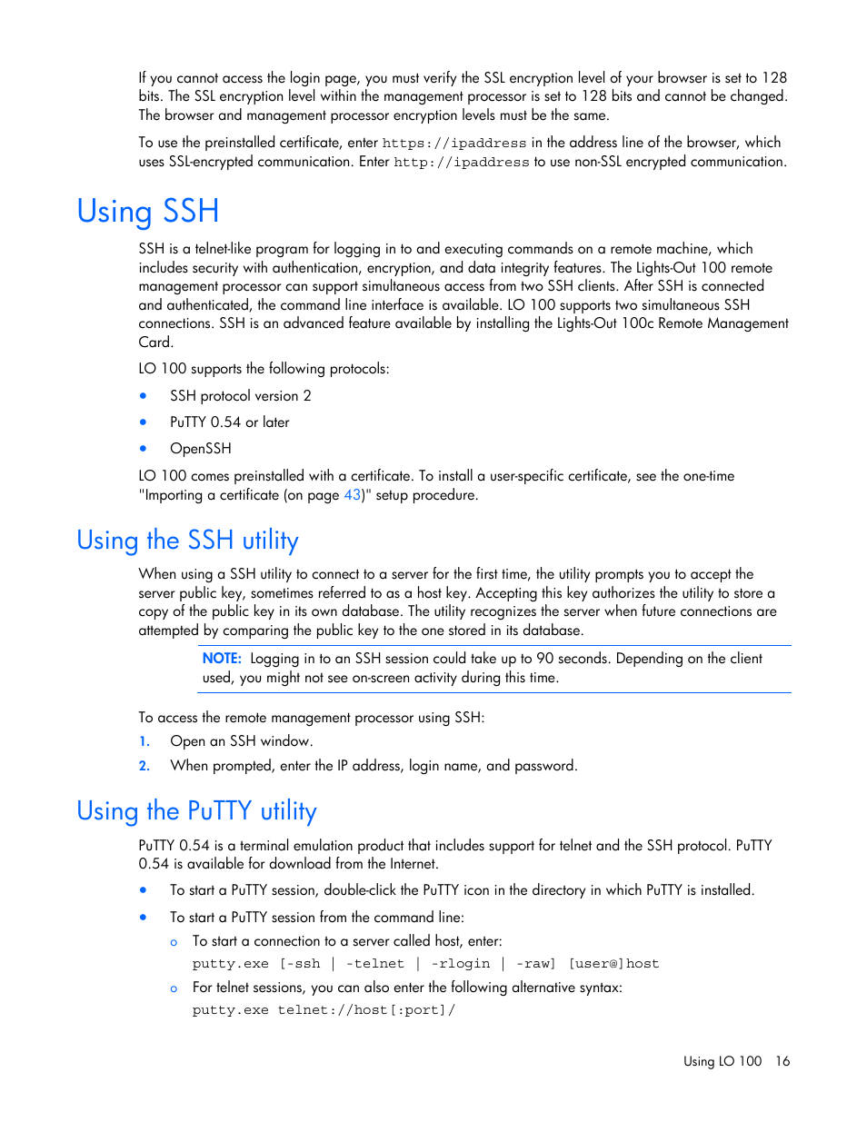 Using ssh, Using the ssh utility, Using the putty utility | HP Lights-Out 100 Remote Management User Manual | Page 16 / 52
