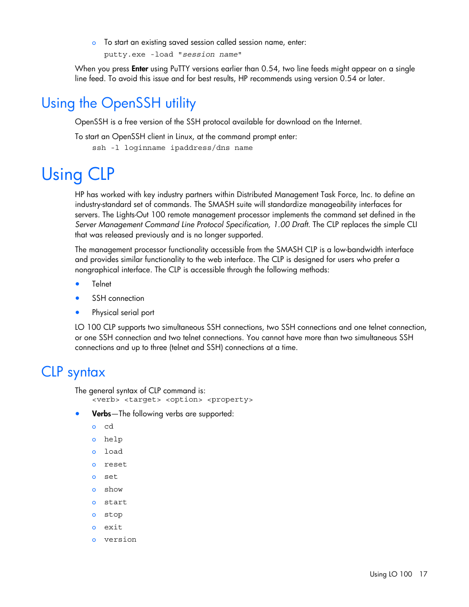 Using the openssh utility, Using clp, Clp syntax | HP Lights-Out 100 Remote Management User Manual | Page 17 / 52