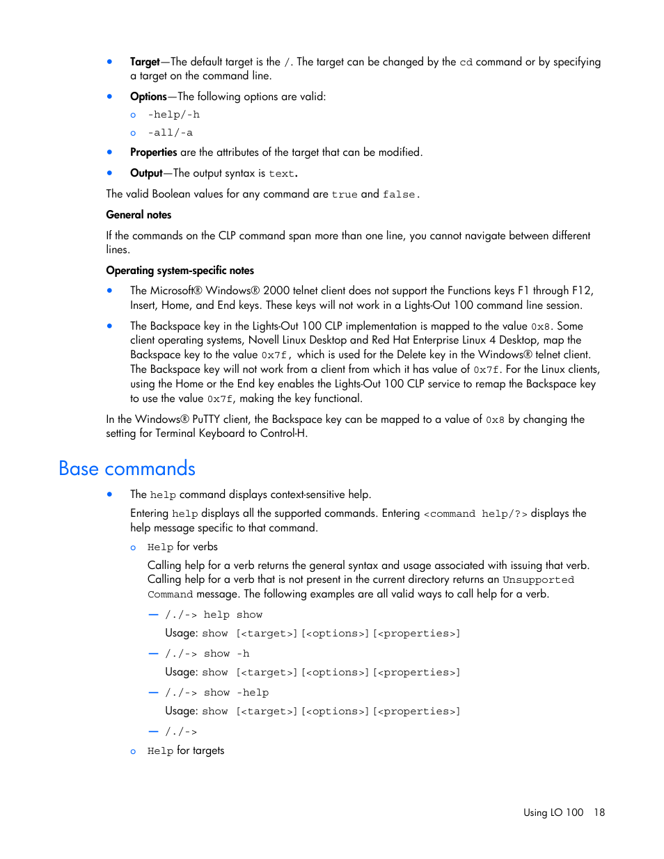 Base commands | HP Lights-Out 100 Remote Management User Manual | Page 18 / 52