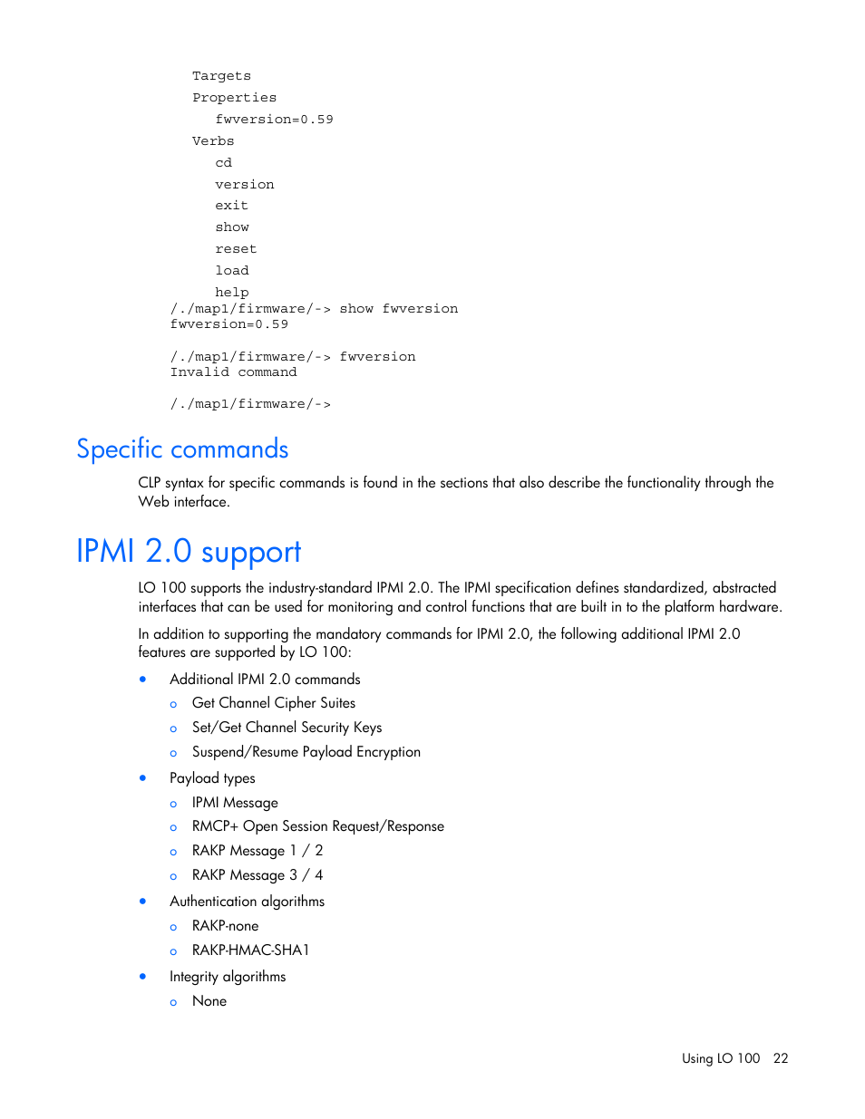 Specific commands, Ipmi 2.0 support | HP Lights-Out 100 Remote Management User Manual | Page 22 / 52