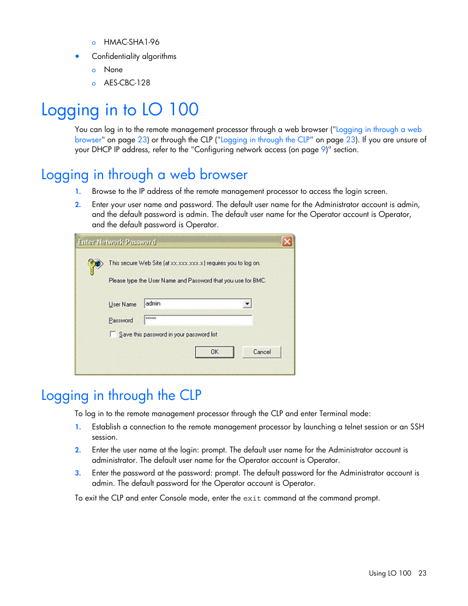 Logging in to lo 100, Logging in through a web browser, Logging in through the clp | HP Lights-Out 100 Remote Management User Manual | Page 23 / 52