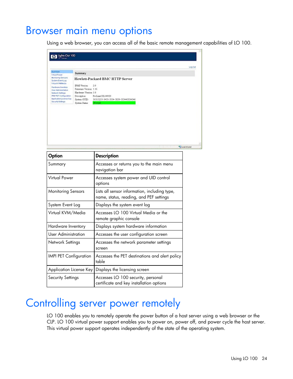 Browser main menu options, Controlling server power remotely | HP Lights-Out 100 Remote Management User Manual | Page 24 / 52