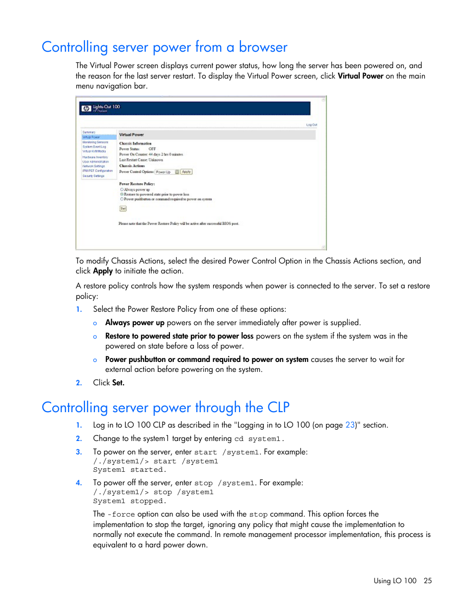 Controlling server power from a browser, Controlling server power through the clp | HP Lights-Out 100 Remote Management User Manual | Page 25 / 52
