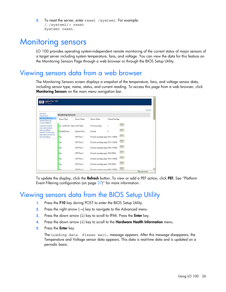 Monitoring sensors, Viewing sensors data from a web browser, Viewing sensors data from the bios setup utility | HP Lights-Out 100 Remote Management User Manual | Page 26 / 52