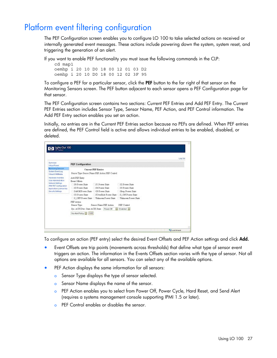 Platform event filtering configuration | HP Lights-Out 100 Remote Management User Manual | Page 27 / 52