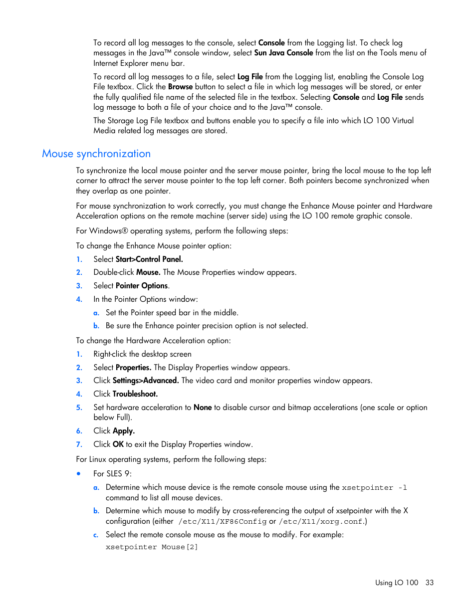 Mouse synchronization, For more infor | HP Lights-Out 100 Remote Management User Manual | Page 33 / 52