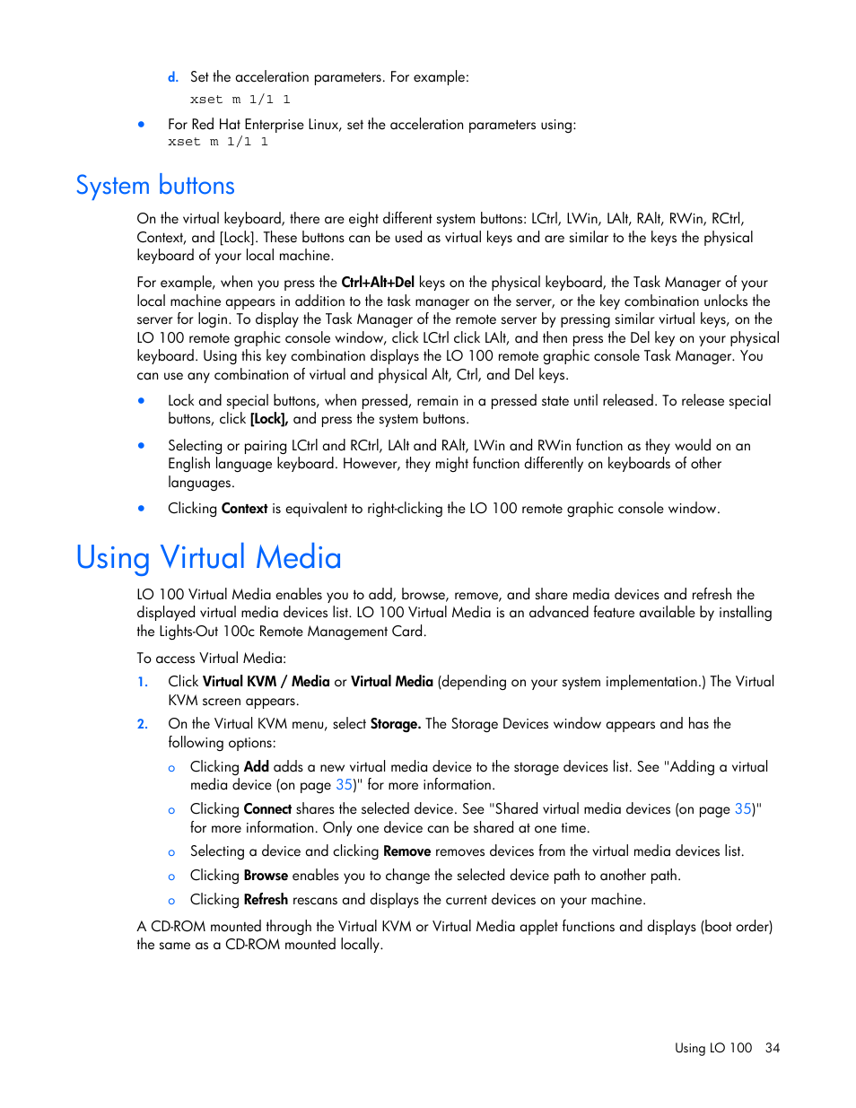 System buttons, Using virtual media | HP Lights-Out 100 Remote Management User Manual | Page 34 / 52