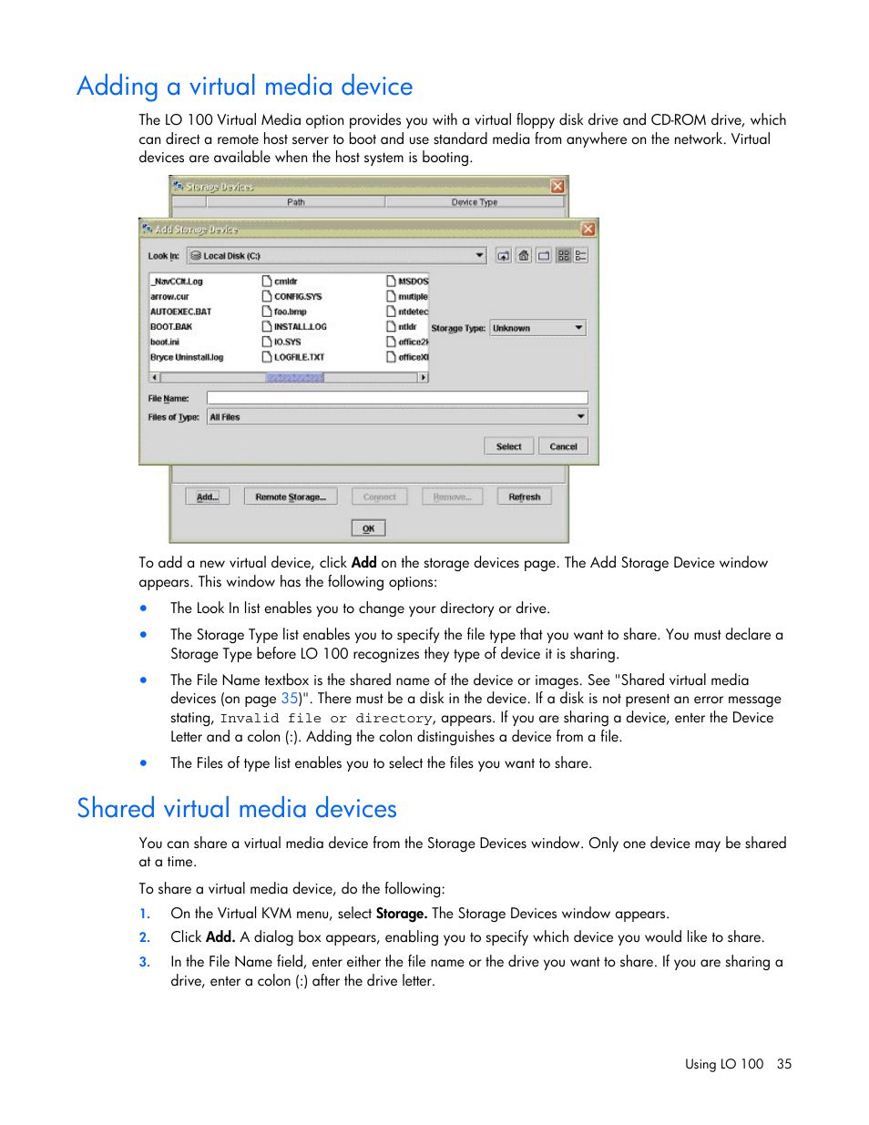 Adding a virtual media device, Shared virtual media devices | HP Lights-Out 100 Remote Management User Manual | Page 35 / 52