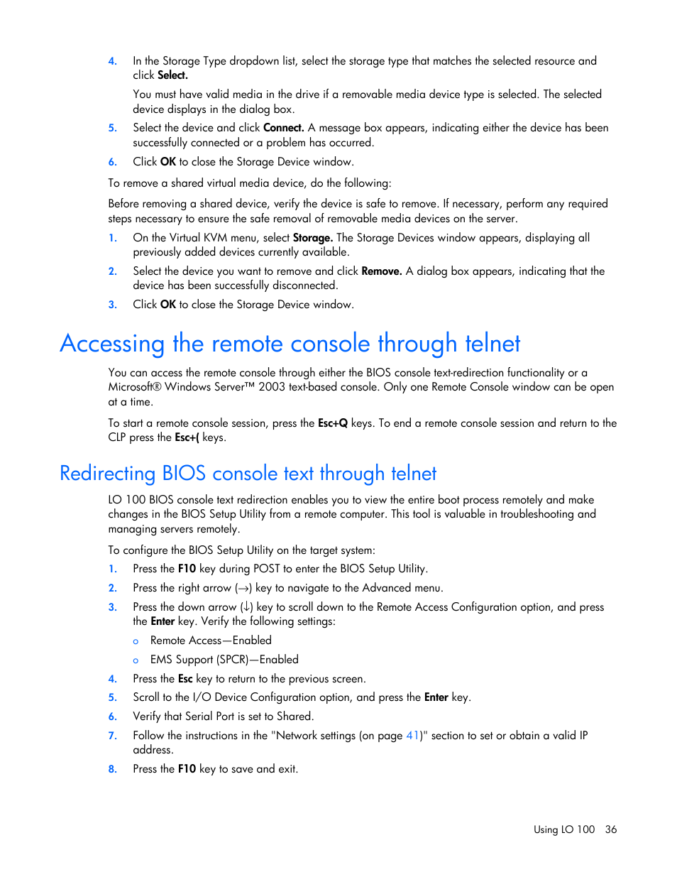 Accessing the remote console through telnet, Redirecting bios console text through telnet | HP Lights-Out 100 Remote Management User Manual | Page 36 / 52