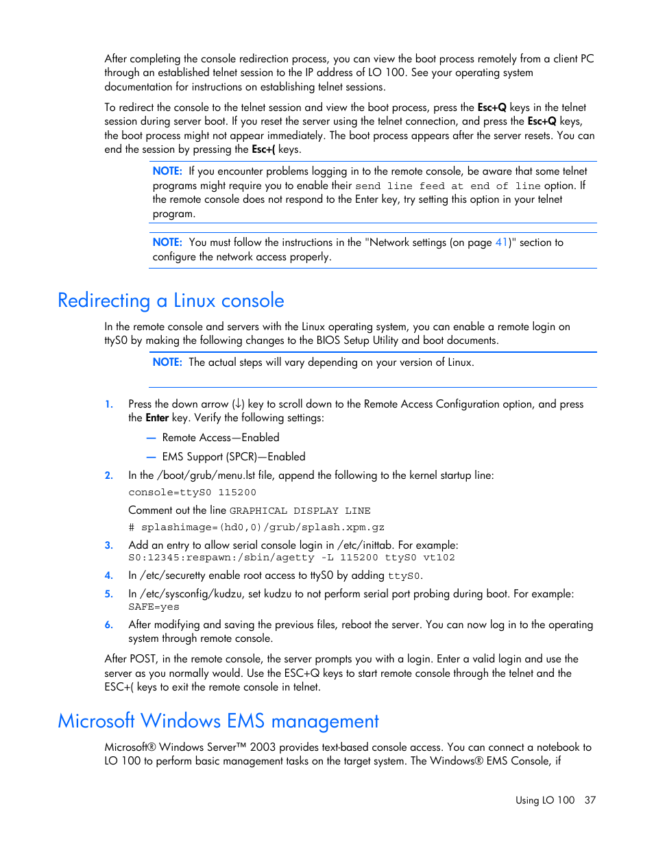 Redirecting a linux console, Microsoft windows ems management | HP Lights-Out 100 Remote Management User Manual | Page 37 / 52