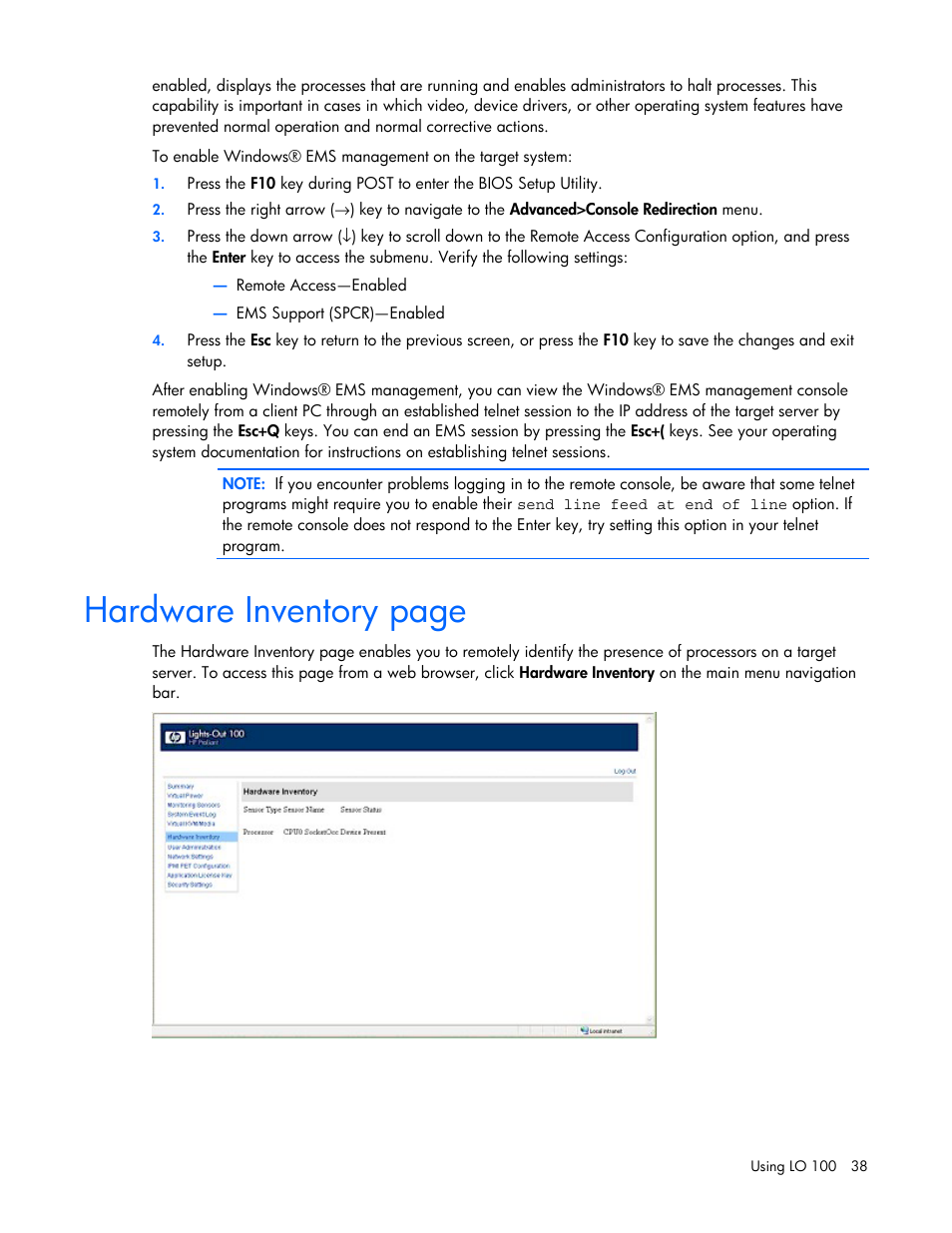 Hardware inventory page | HP Lights-Out 100 Remote Management User Manual | Page 38 / 52