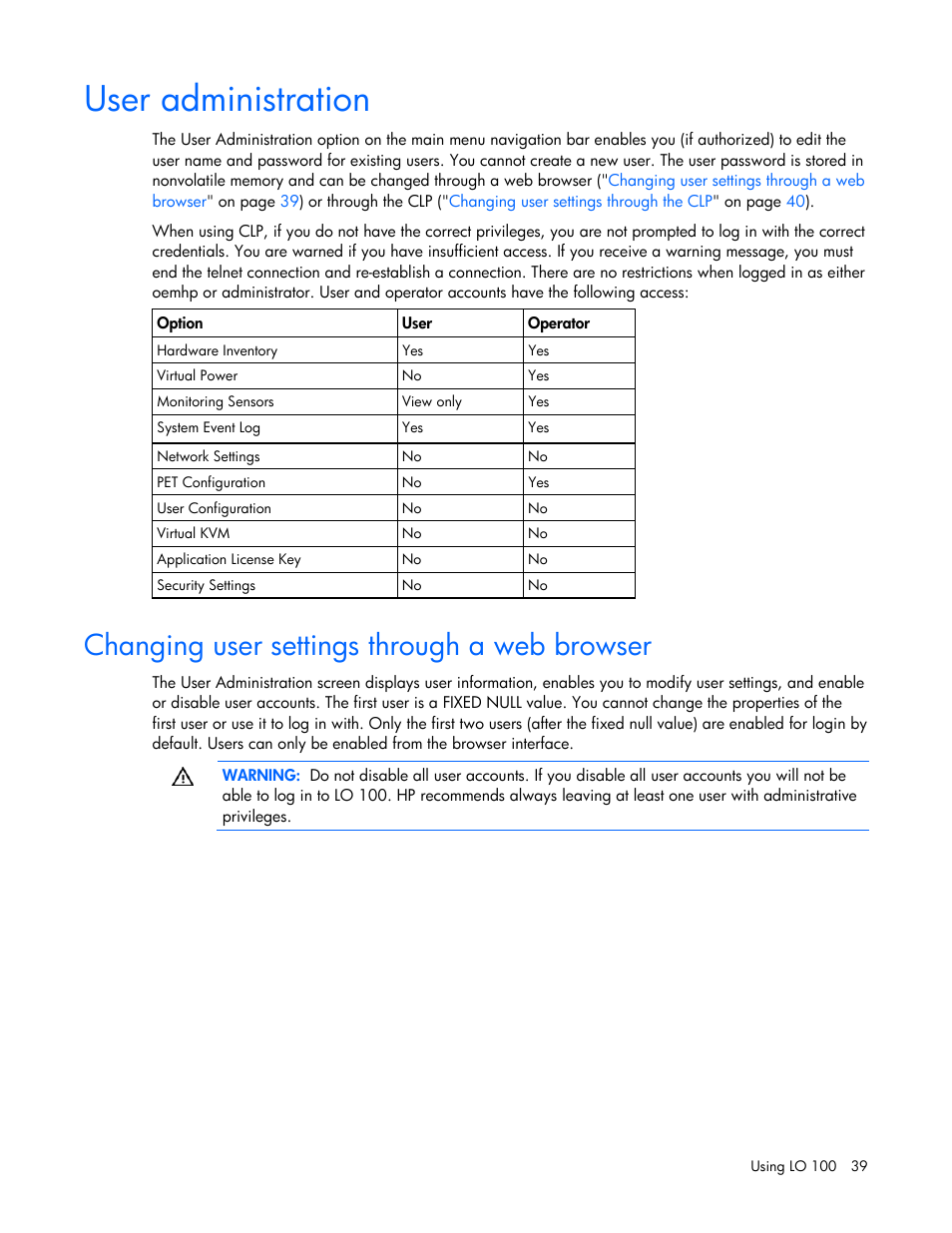 User administration, Changing user settings through a web browser | HP Lights-Out 100 Remote Management User Manual | Page 39 / 52