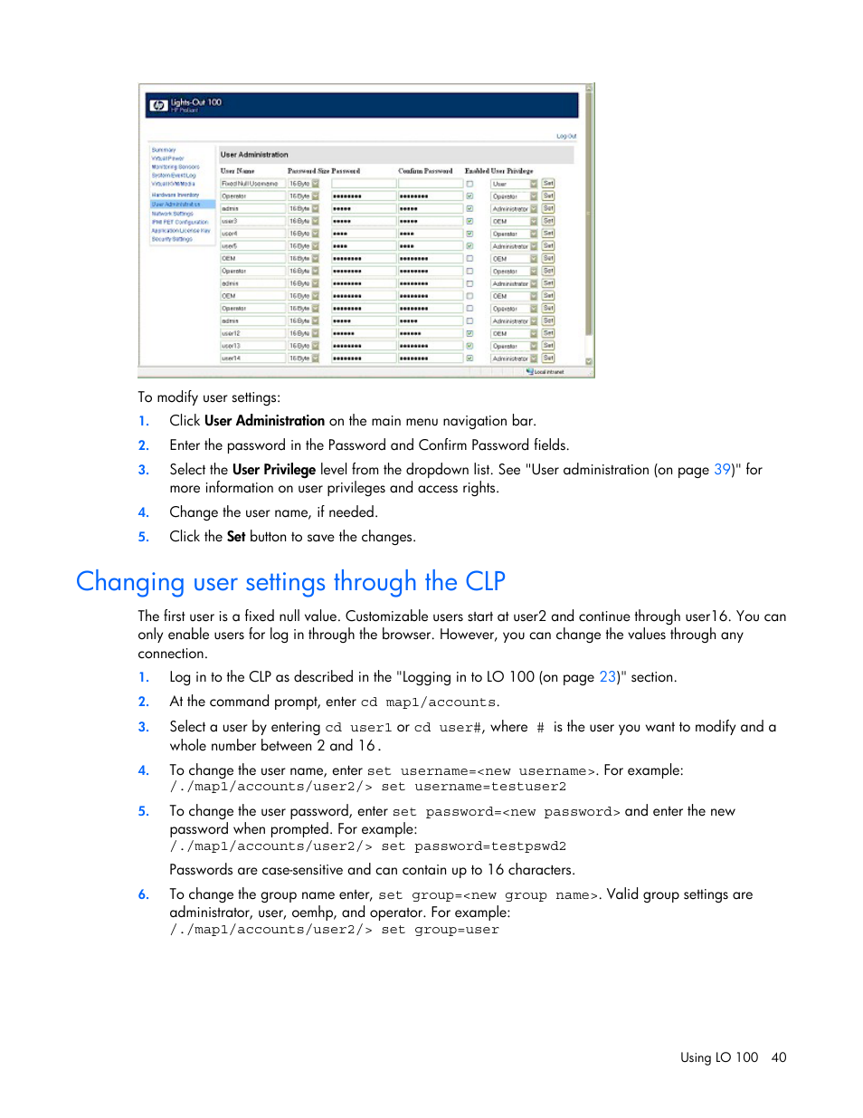 Changing user settings through the clp, Rough the clp | HP Lights-Out 100 Remote Management User Manual | Page 40 / 52