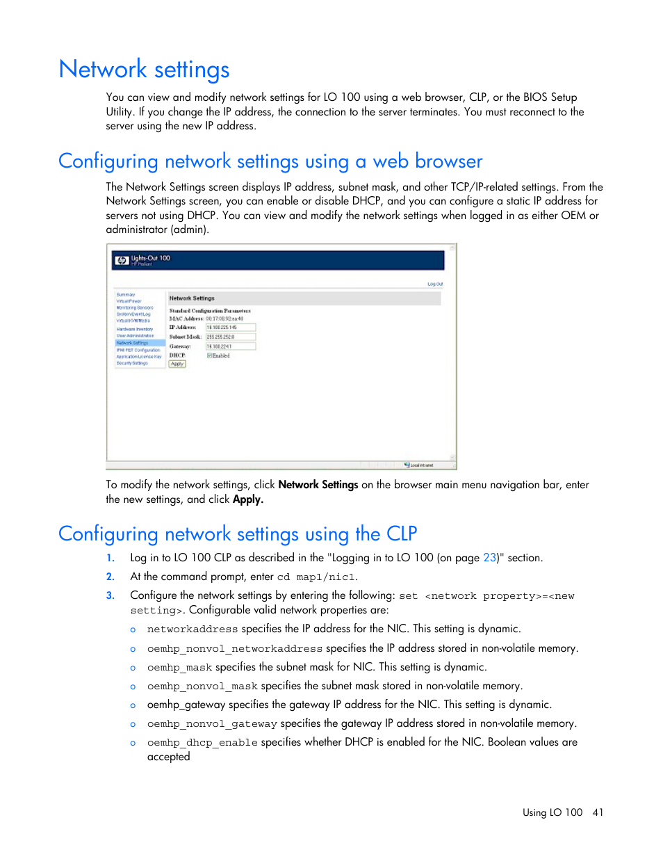 Network settings, Configuring network settings using a web browser, Configuring network settings using the clp | For more i | HP Lights-Out 100 Remote Management User Manual | Page 41 / 52