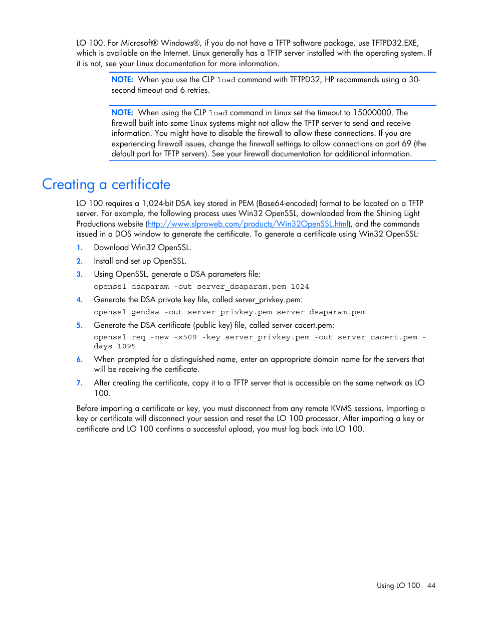 Creating a certificate | HP Lights-Out 100 Remote Management User Manual | Page 44 / 52