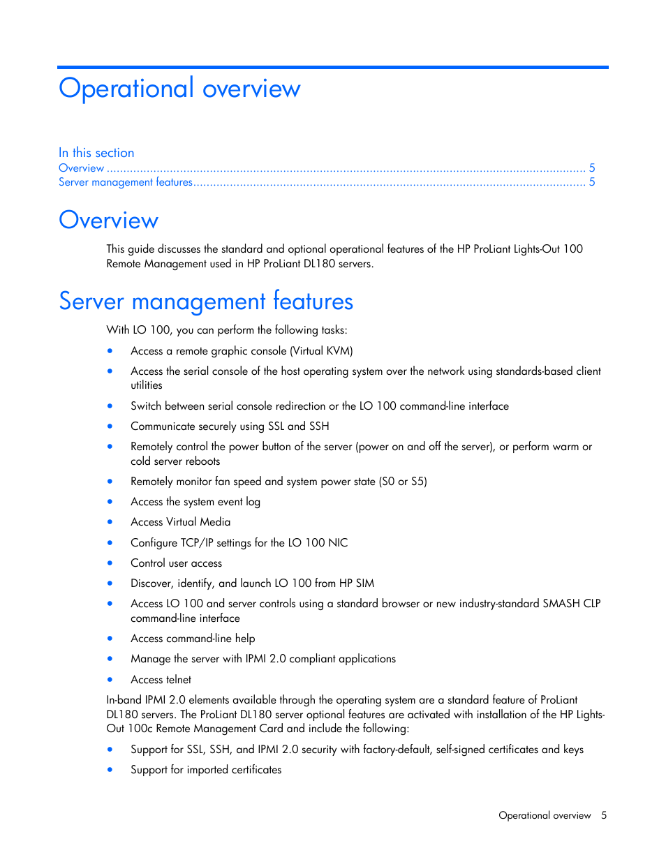 Operational overview, Overview, Server management features | HP Lights-Out 100 Remote Management User Manual | Page 5 / 52