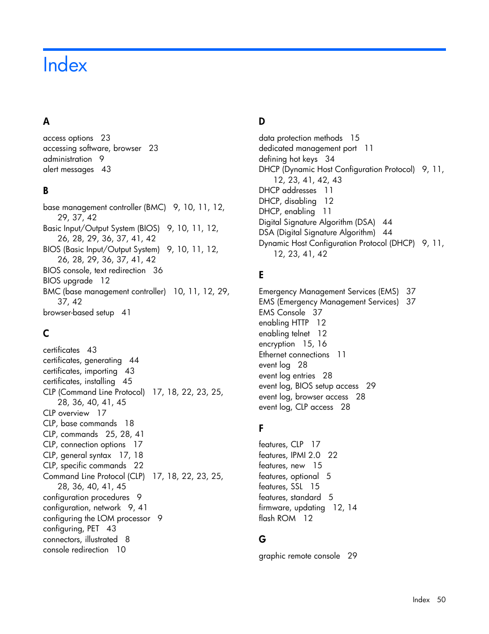 Index | HP Lights-Out 100 Remote Management User Manual | Page 50 / 52