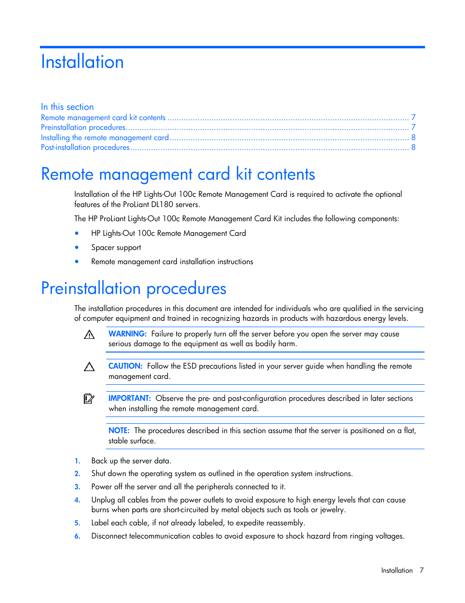 Installation, Remote management card kit contents, Preinstallation procedures | HP Lights-Out 100 Remote Management User Manual | Page 7 / 52