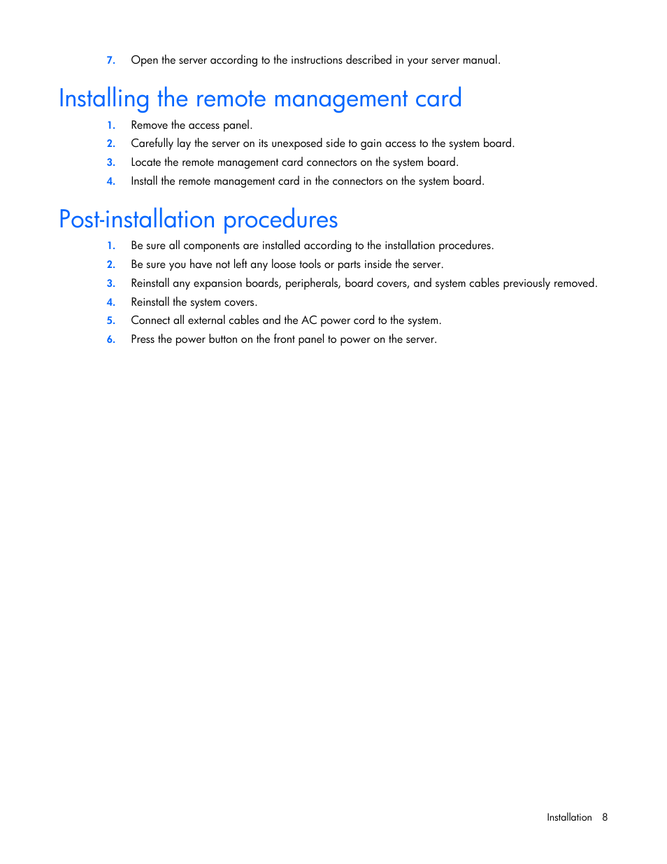 Installing the remote management card, Post-installation procedures | HP Lights-Out 100 Remote Management User Manual | Page 8 / 52