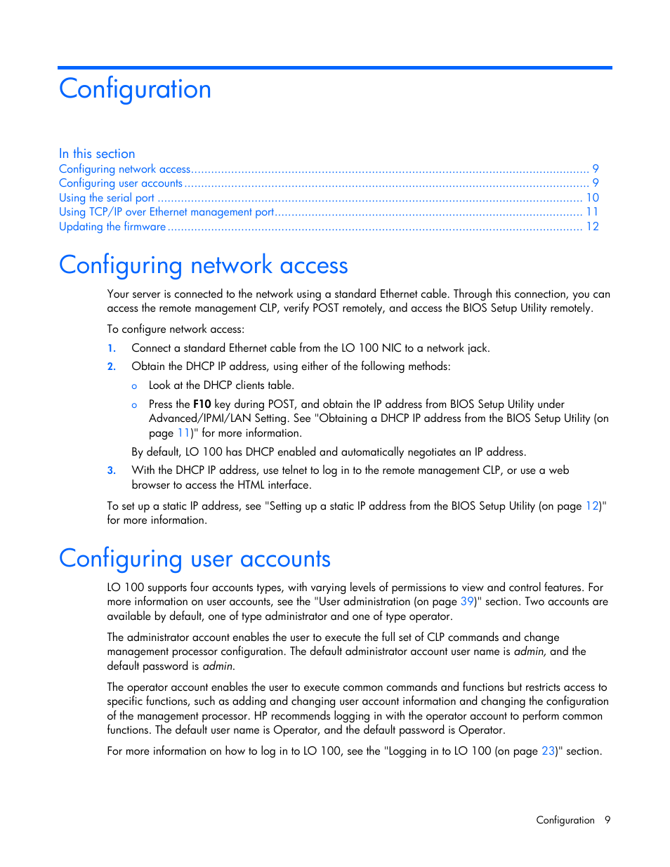Configuration, Configuring network access, Configuring user accounts | HP Lights-Out 100 Remote Management User Manual | Page 9 / 52