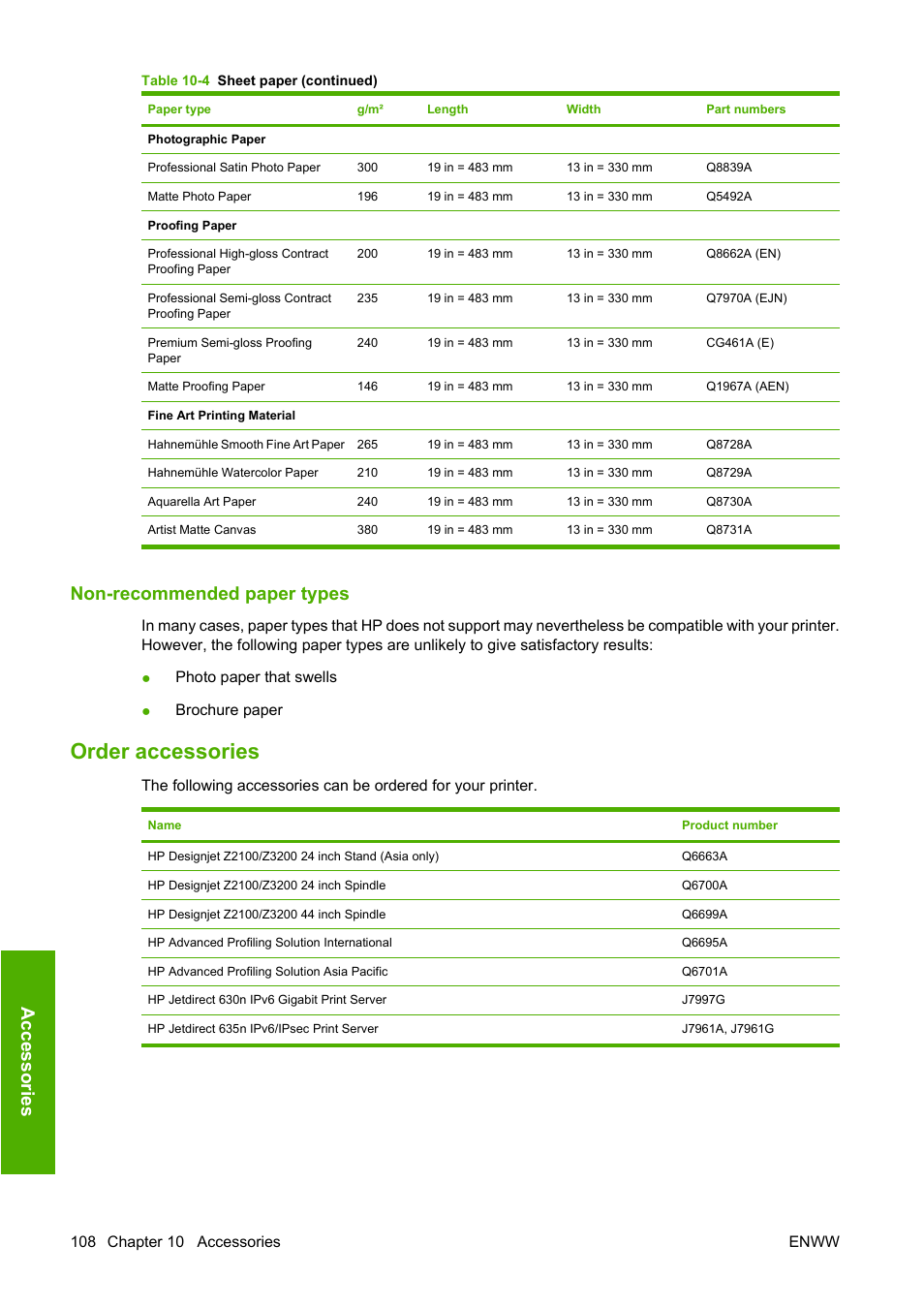 Non-recommended paper types, Order accessories, Ac ce ss o rie s | HP Designjet Z3200 PostScript Photo Printer series User Manual | Page 118 / 174