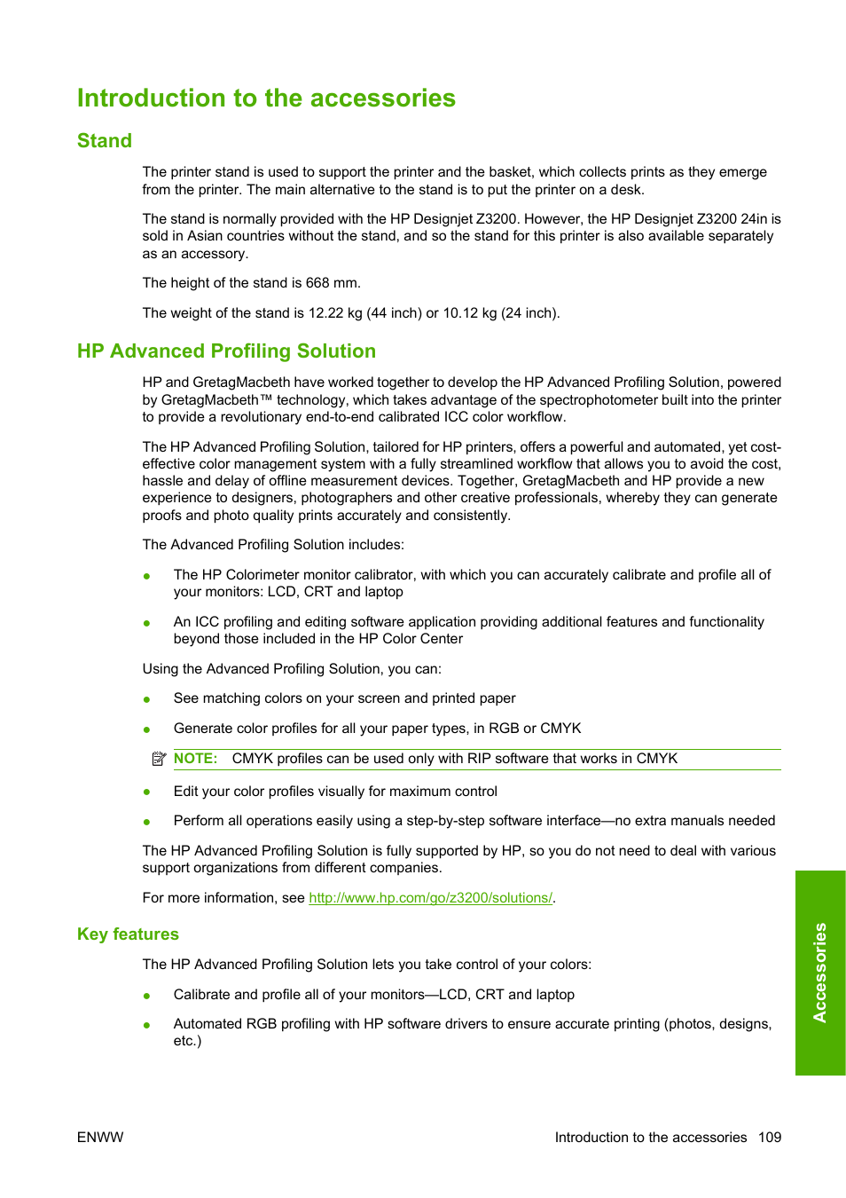 Introduction to the accessories, Stand, Hp advanced profiling solution | Key features, Stand hp advanced profiling solution | HP Designjet Z3200 PostScript Photo Printer series User Manual | Page 119 / 174