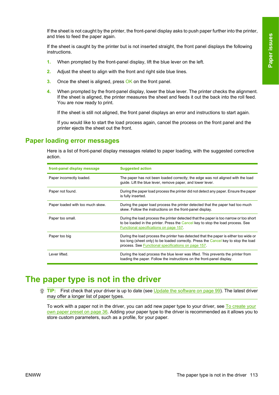 Paper loading error messages, The paper type is not in the driver, Pa per is sues | HP Designjet Z3200 PostScript Photo Printer series User Manual | Page 123 / 174