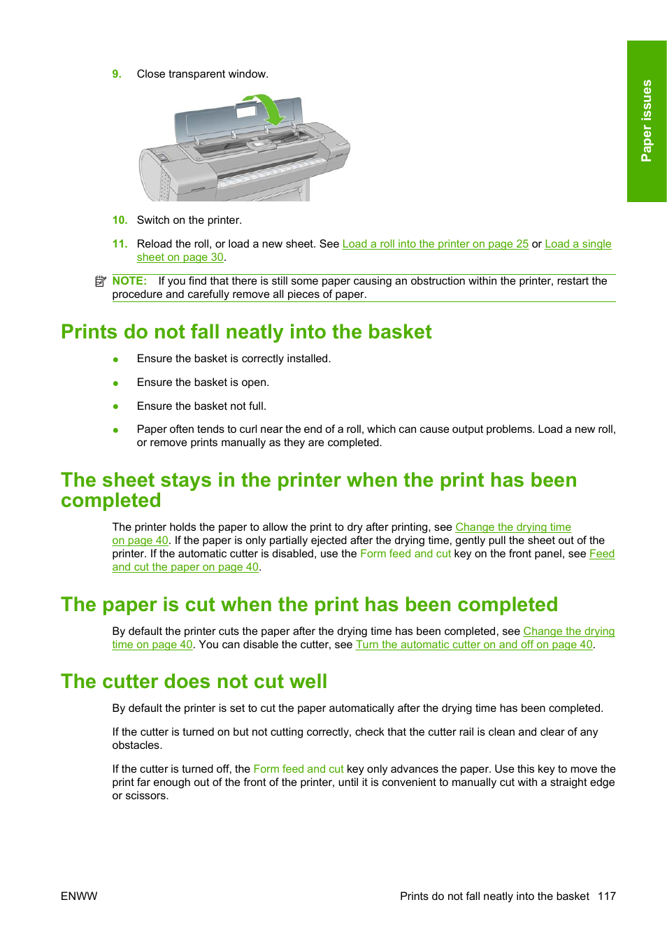 Prints do not fall neatly into the basket, The paper is cut when the print has been completed, The cutter does not cut well | HP Designjet Z3200 PostScript Photo Printer series User Manual | Page 127 / 174