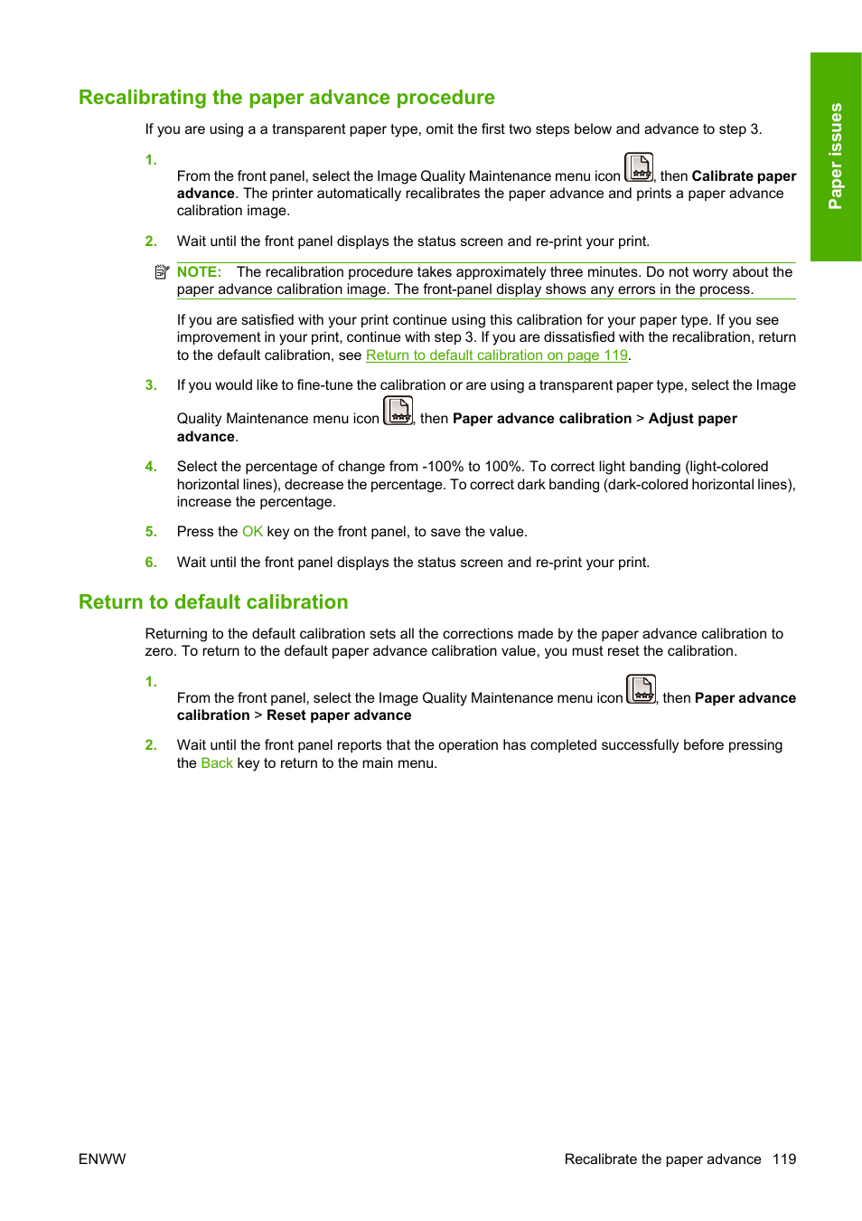 Recalibrating the paper advance procedure, Return to default calibration | HP Designjet Z3200 PostScript Photo Printer series User Manual | Page 129 / 174