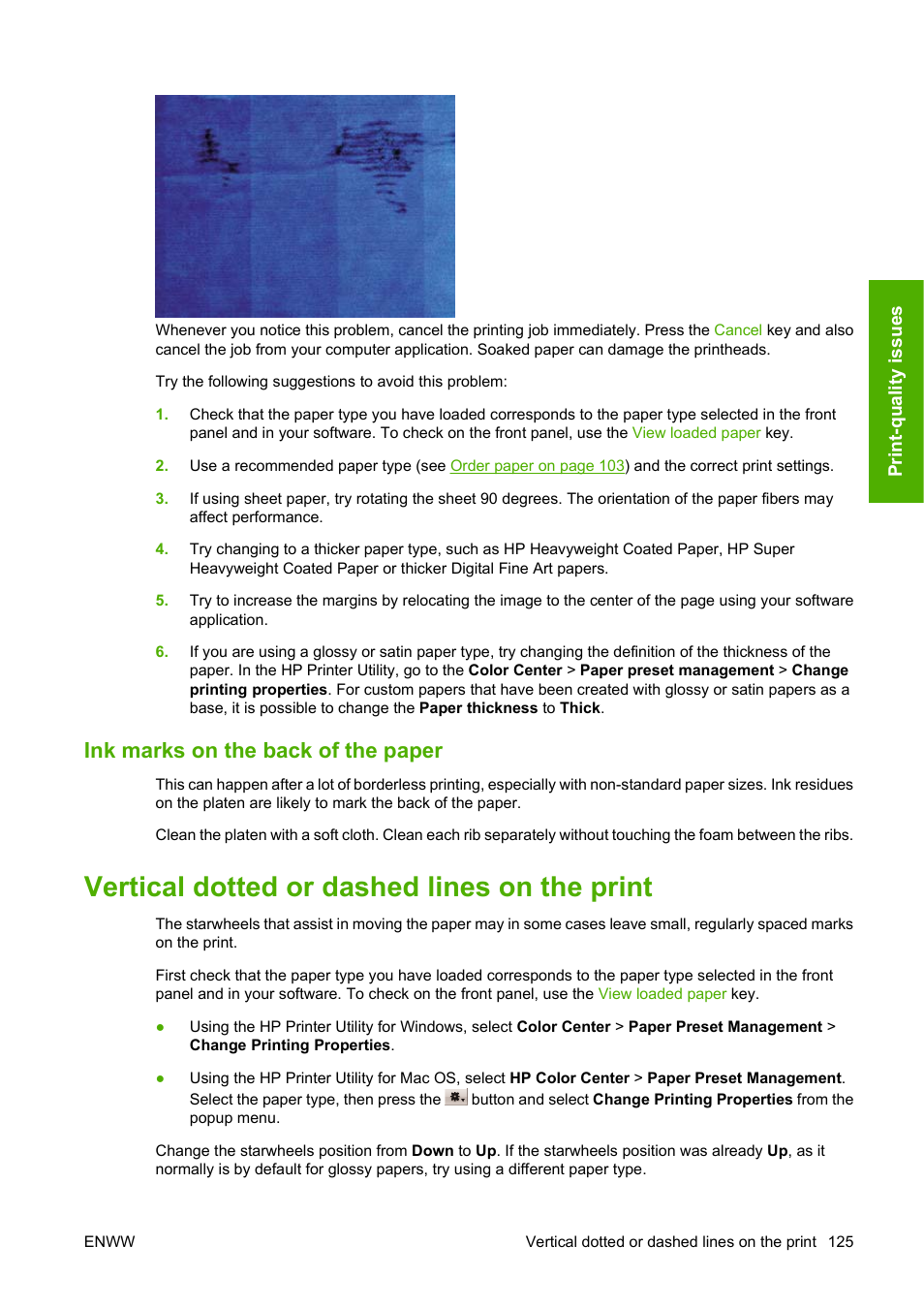 Ink marks on the back of the paper, Vertical dotted or dashed lines on the print | HP Designjet Z3200 PostScript Photo Printer series User Manual | Page 135 / 174