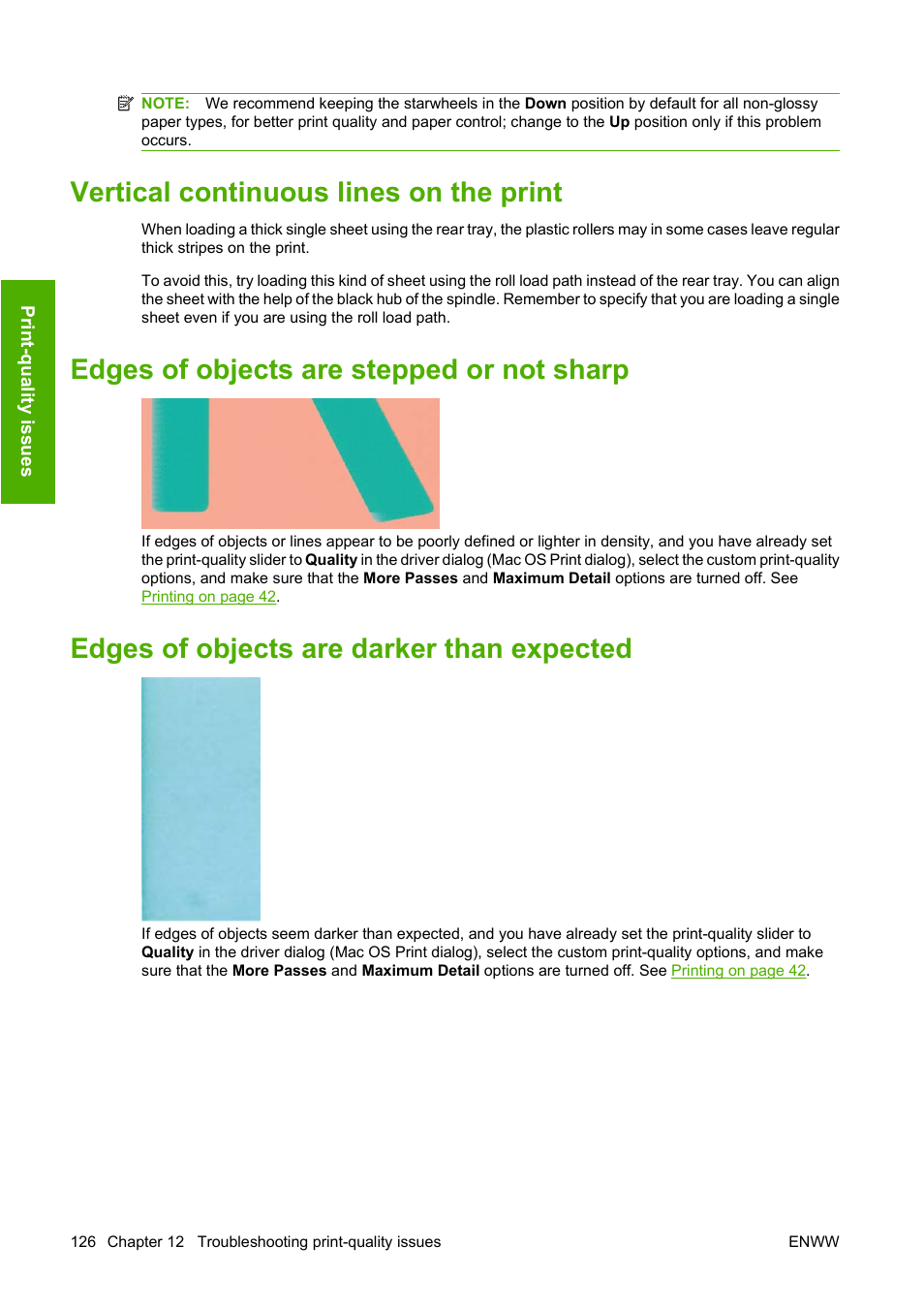 Vertical continuous lines on the print, Edges of objects are stepped or not sharp, Edges of objects are darker than expected | HP Designjet Z3200 PostScript Photo Printer series User Manual | Page 136 / 174