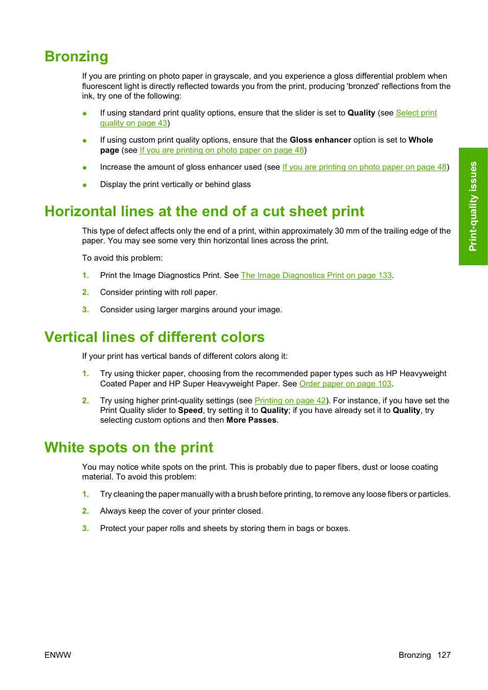 Bronzing, Horizontal lines at the end of a cut sheet print, Vertical lines of different colors | White spots on the print | HP Designjet Z3200 PostScript Photo Printer series User Manual | Page 137 / 174