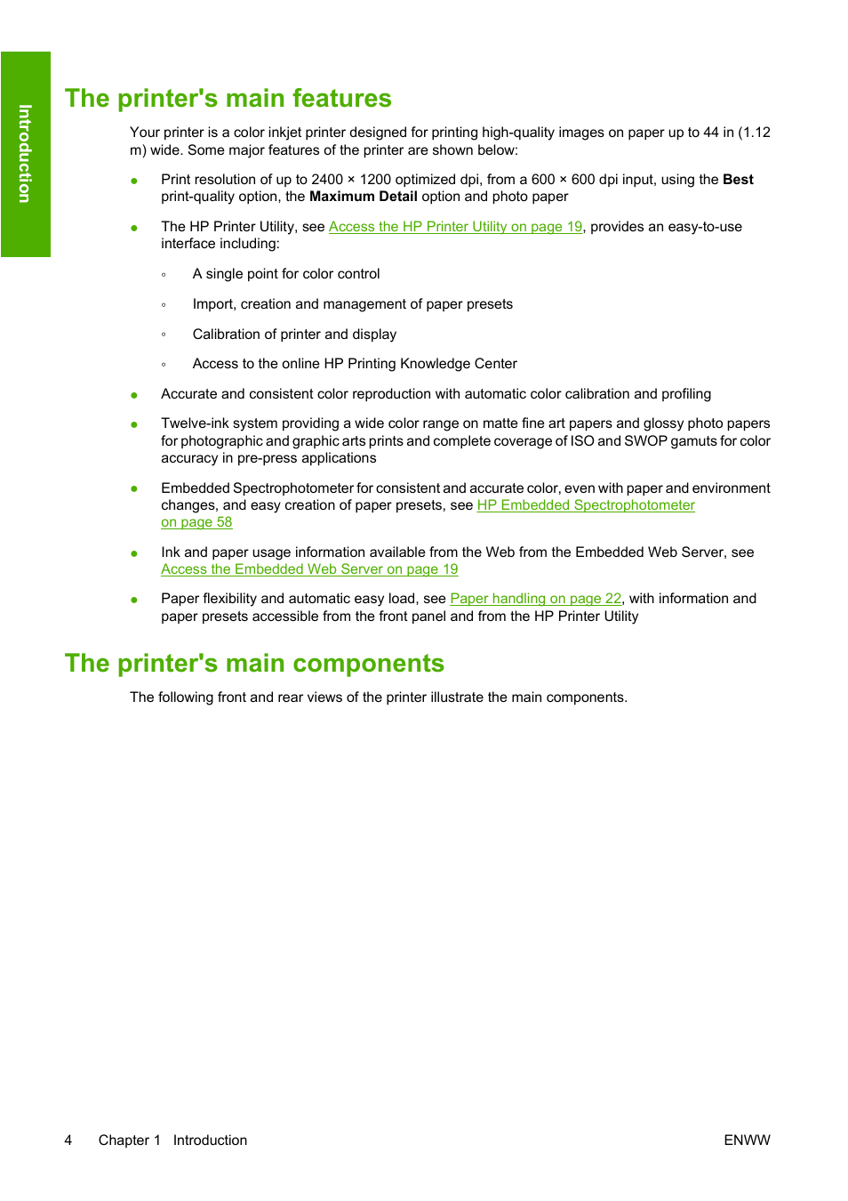 The printer's main features, The printer's main components | HP Designjet Z3200 PostScript Photo Printer series User Manual | Page 14 / 174