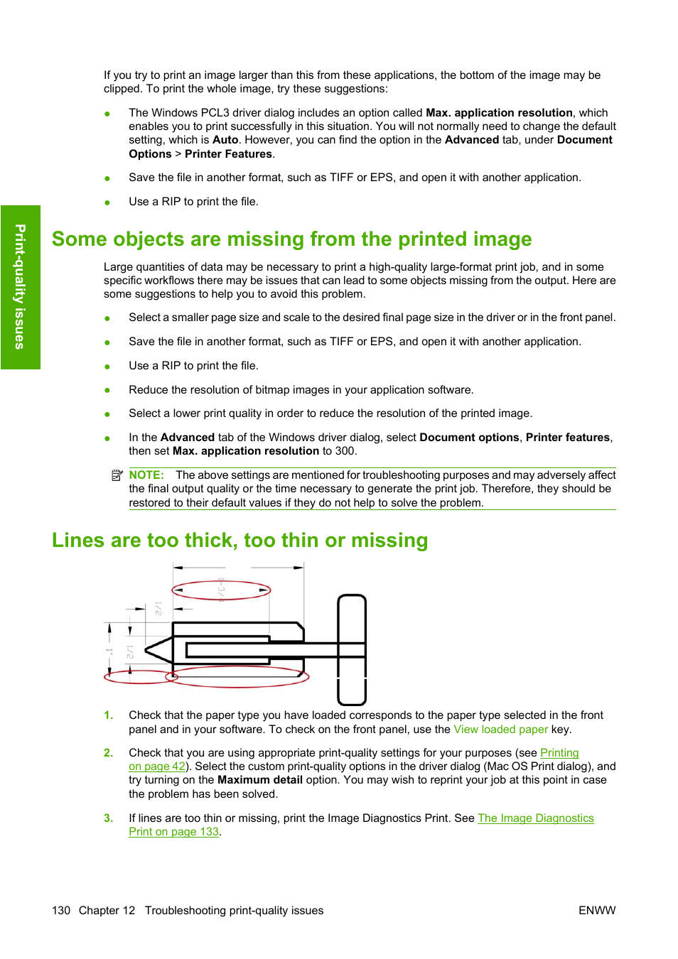 Some objects are missing from the printed image, Lines are too thick, too thin or missing | HP Designjet Z3200 PostScript Photo Printer series User Manual | Page 140 / 174