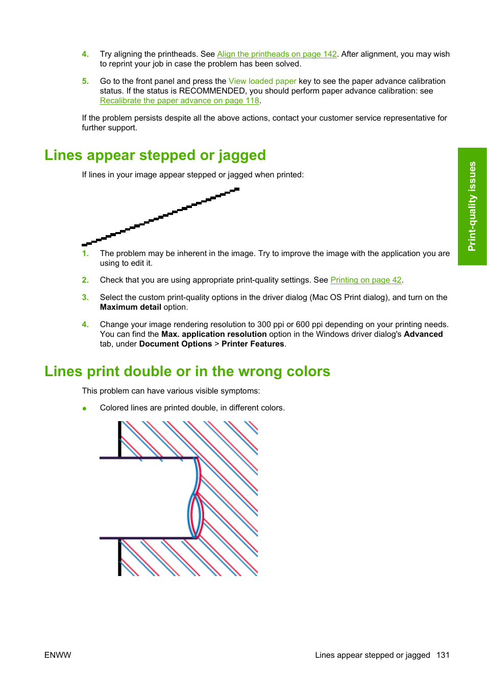 Lines appear stepped or jagged, Lines print double or in the wrong colors | HP Designjet Z3200 PostScript Photo Printer series User Manual | Page 141 / 174