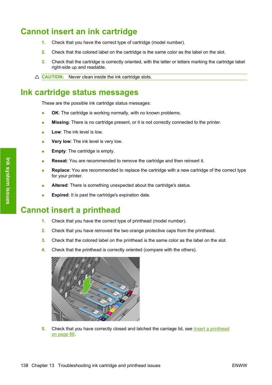 Cannot insert an ink cartridge, Ink cartridge status messages, Cannot insert a printhead | HP Designjet Z3200 PostScript Photo Printer series User Manual | Page 148 / 174