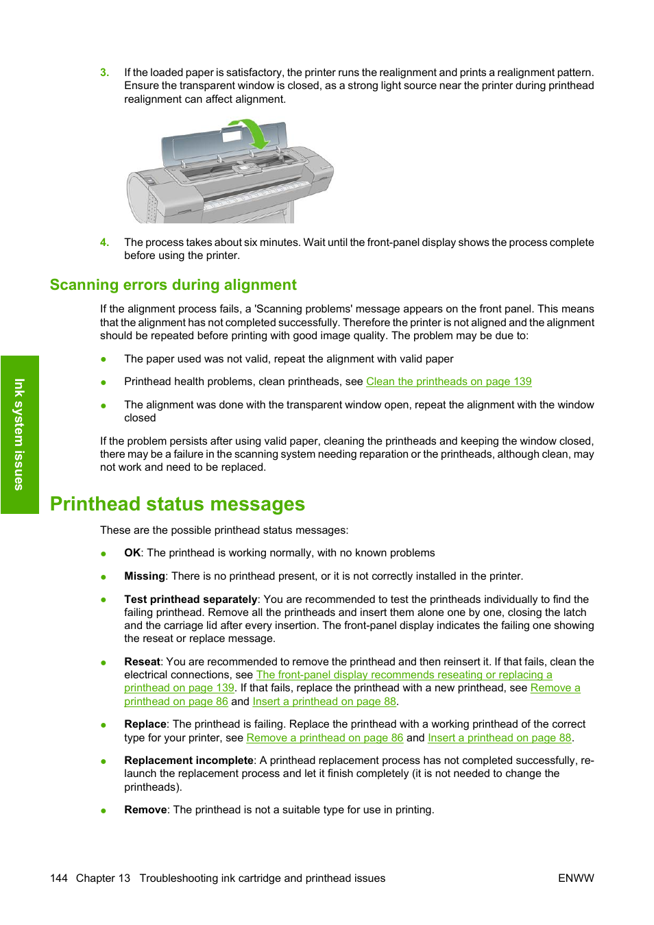 Scanning errors during alignment, Printhead status messages | HP Designjet Z3200 PostScript Photo Printer series User Manual | Page 154 / 174