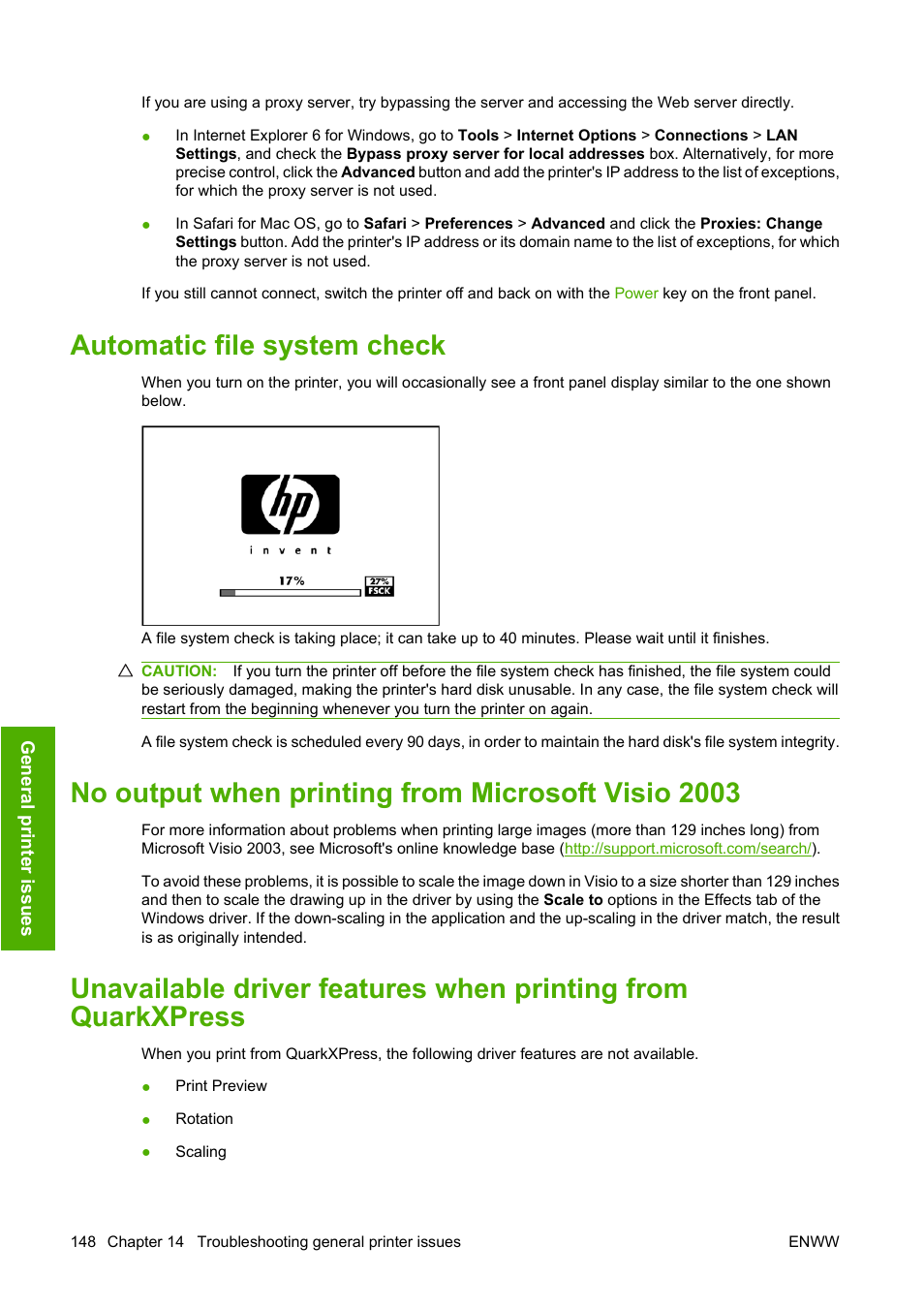 Automatic file system check, No output when printing from microsoft visio 2003 | HP Designjet Z3200 PostScript Photo Printer series User Manual | Page 158 / 174