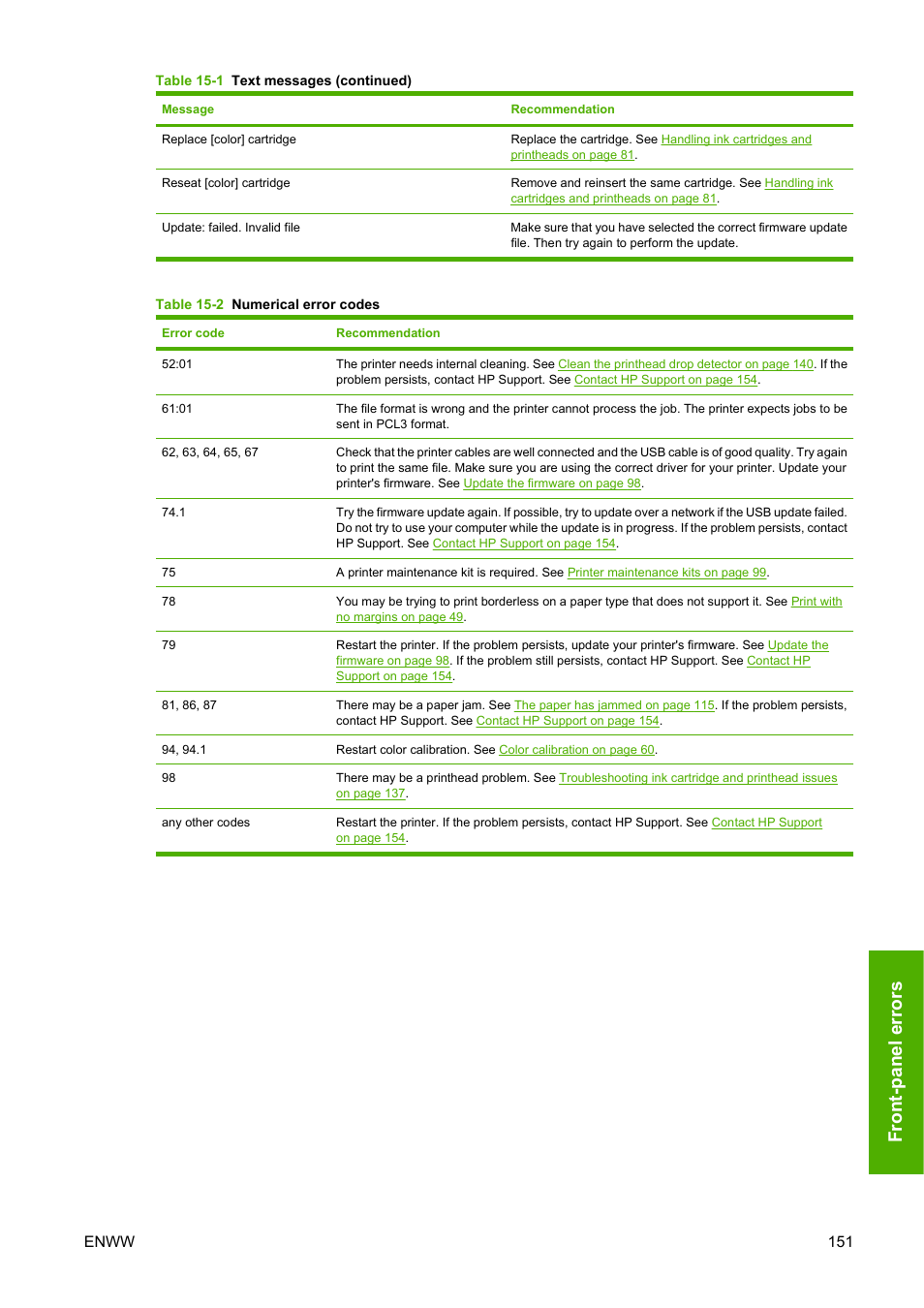 Fron t-panel e rrors, Enww 151 | HP Designjet Z3200 PostScript Photo Printer series User Manual | Page 161 / 174