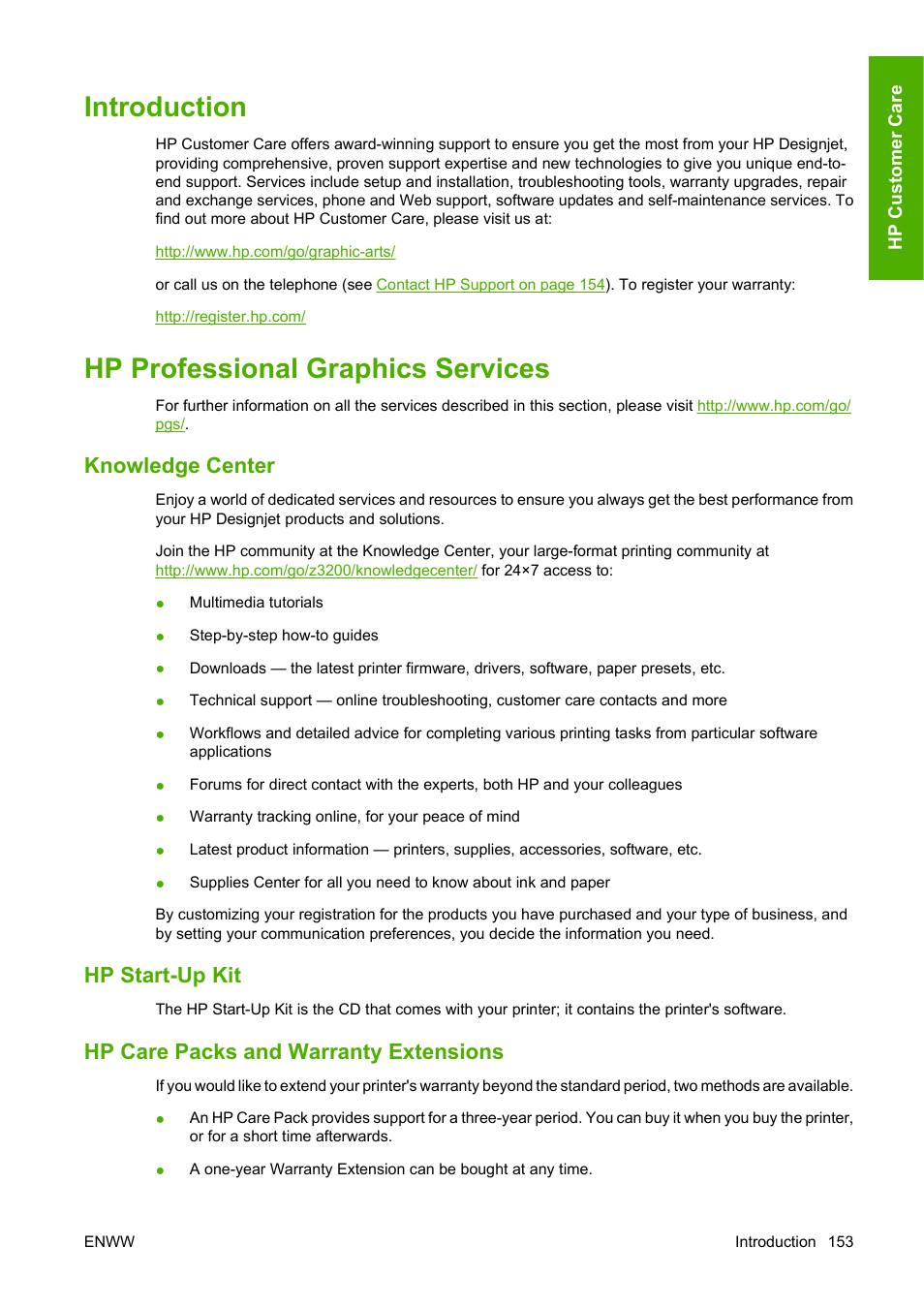 Introduction, Hp professional graphics services, Knowledge center | Hp start-up kit, Hp care packs and warranty extensions, Introduction hp professional graphics services | HP Designjet Z3200 PostScript Photo Printer series User Manual | Page 163 / 174