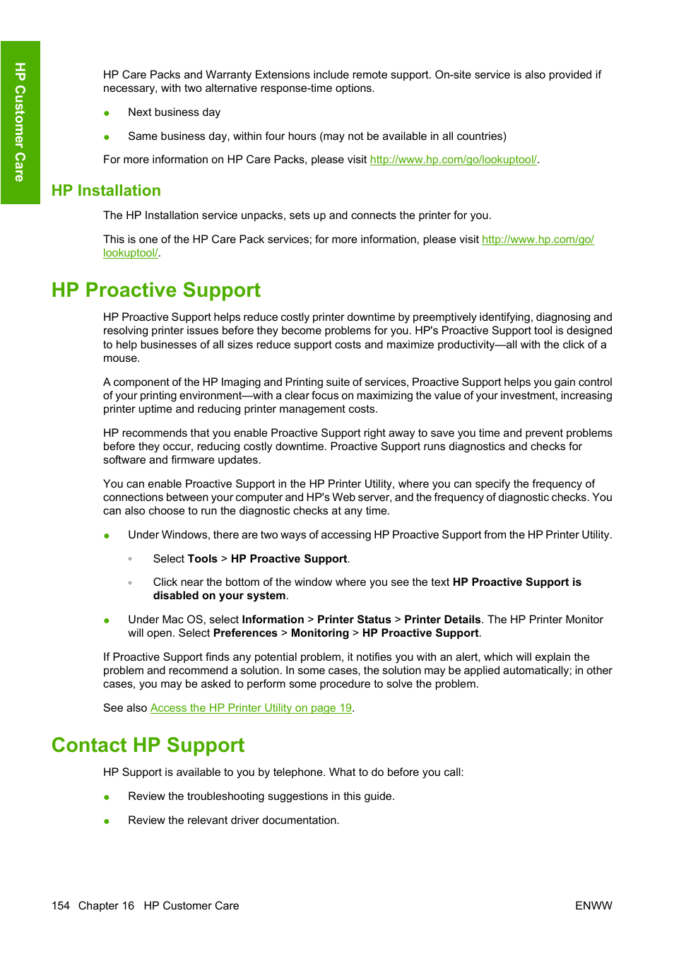 Hp installation, Hp proactive support, Contact hp support | Hp proactive support contact hp support, Contact hp | HP Designjet Z3200 PostScript Photo Printer series User Manual | Page 164 / 174