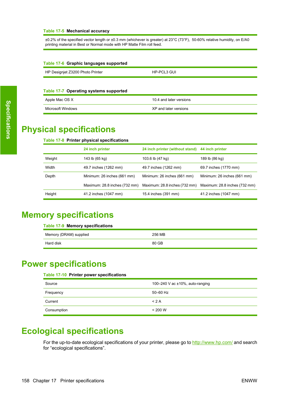 Physical specifications, Memory specifications, Power specifications | Ecological specifications, Spec if ica tions | HP Designjet Z3200 PostScript Photo Printer series User Manual | Page 168 / 174