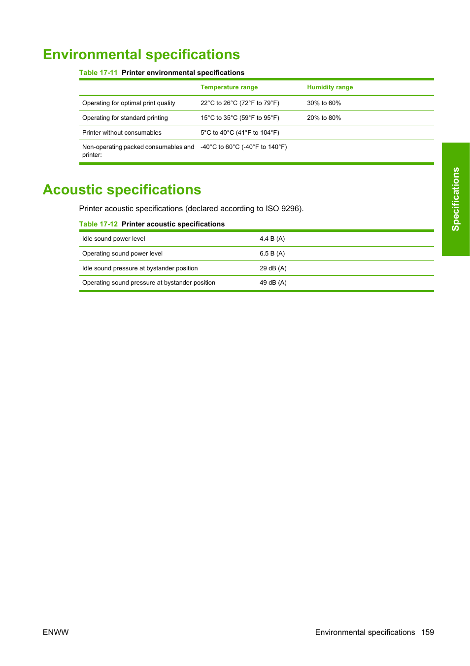 Environmental specifications, Acoustic specifications, Sp ec ifi c at ions | HP Designjet Z3200 PostScript Photo Printer series User Manual | Page 169 / 174