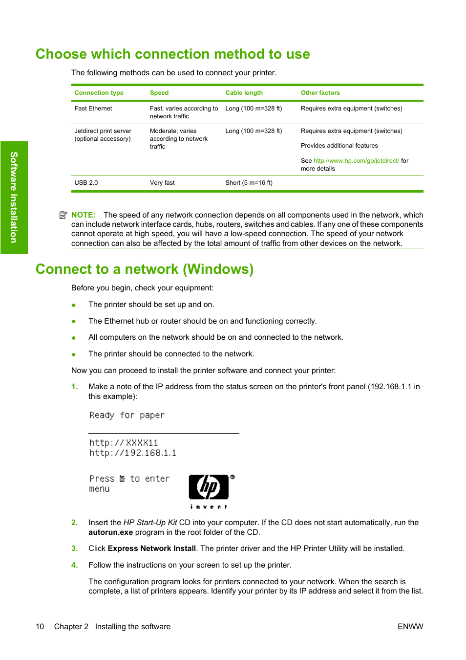 Choose which connection method to use, Connect to a network (windows), Soft wa re inst al lat ion | HP Designjet Z3200 PostScript Photo Printer series User Manual | Page 20 / 174