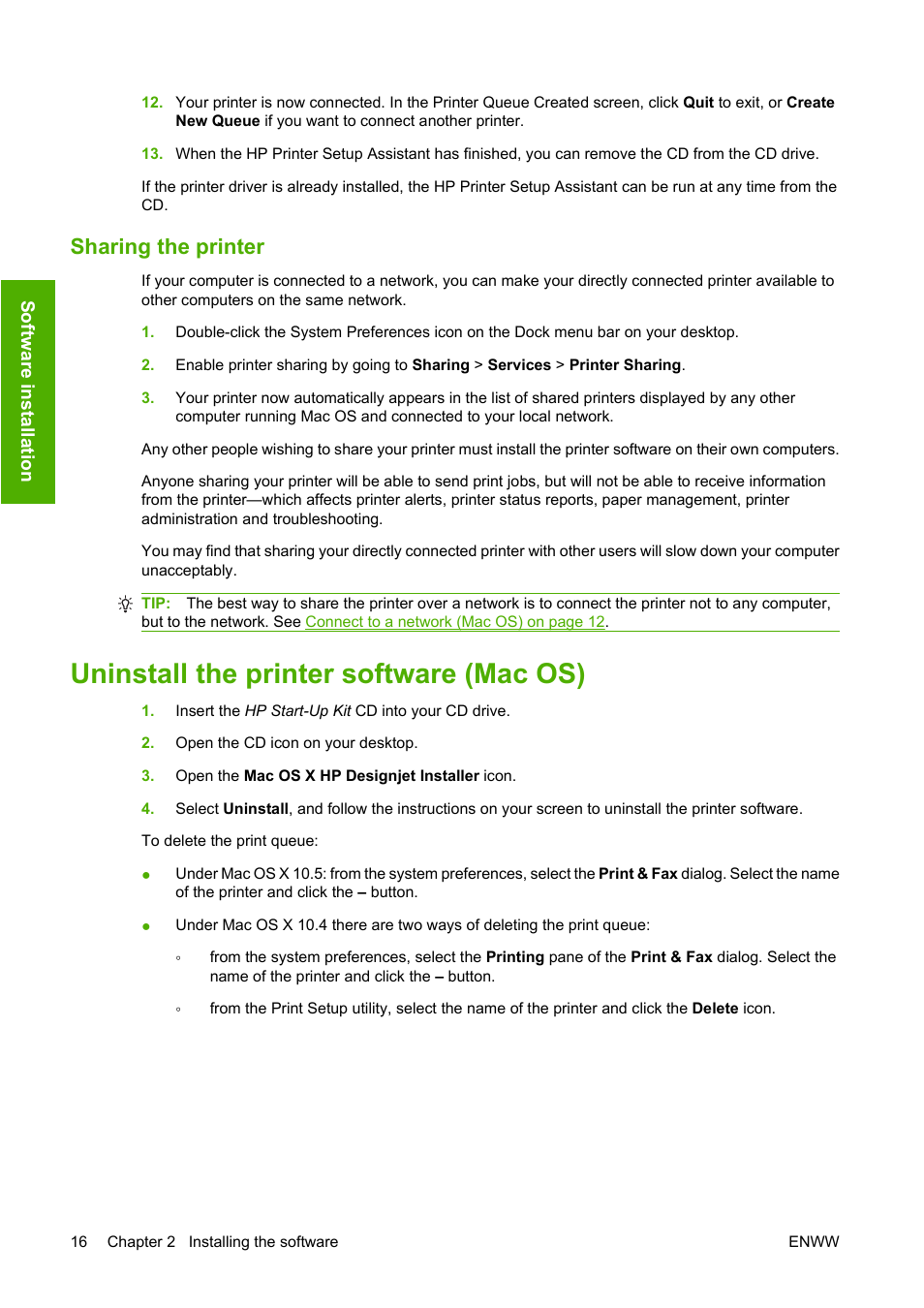 Sharing the printer, Uninstall the printer software (mac os) | HP Designjet Z3200 PostScript Photo Printer series User Manual | Page 26 / 174