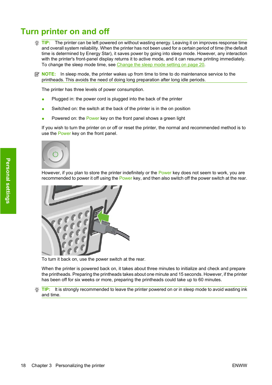 Turn printer on and off | HP Designjet Z3200 PostScript Photo Printer series User Manual | Page 28 / 174