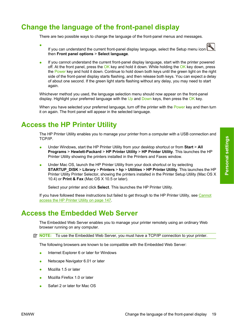 Change the language of the front-panel display, Access the hp printer utility, Access the embedded web server | HP Designjet Z3200 PostScript Photo Printer series User Manual | Page 29 / 174