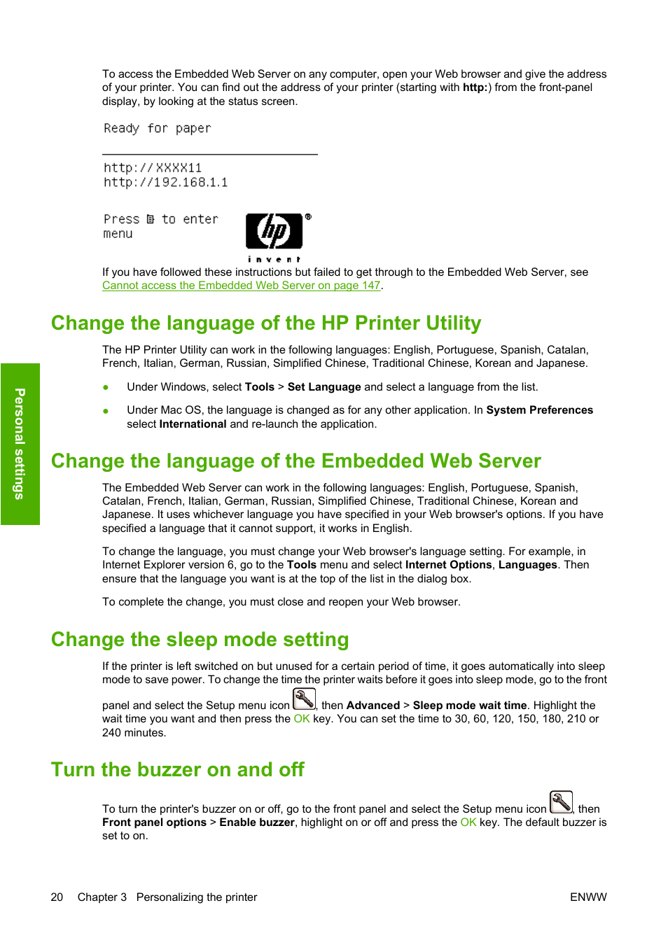 Change the language of the hp printer utility, Change the language of the embedded web server, Change the sleep mode setting | Turn the buzzer on and off | HP Designjet Z3200 PostScript Photo Printer series User Manual | Page 30 / 174